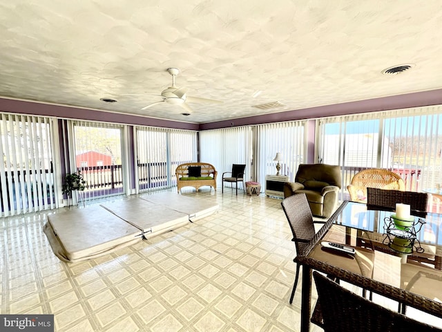 interior space with ceiling fan and a wealth of natural light