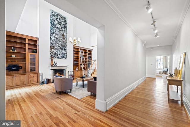 hall with track lighting, a chandelier, and light hardwood / wood-style floors