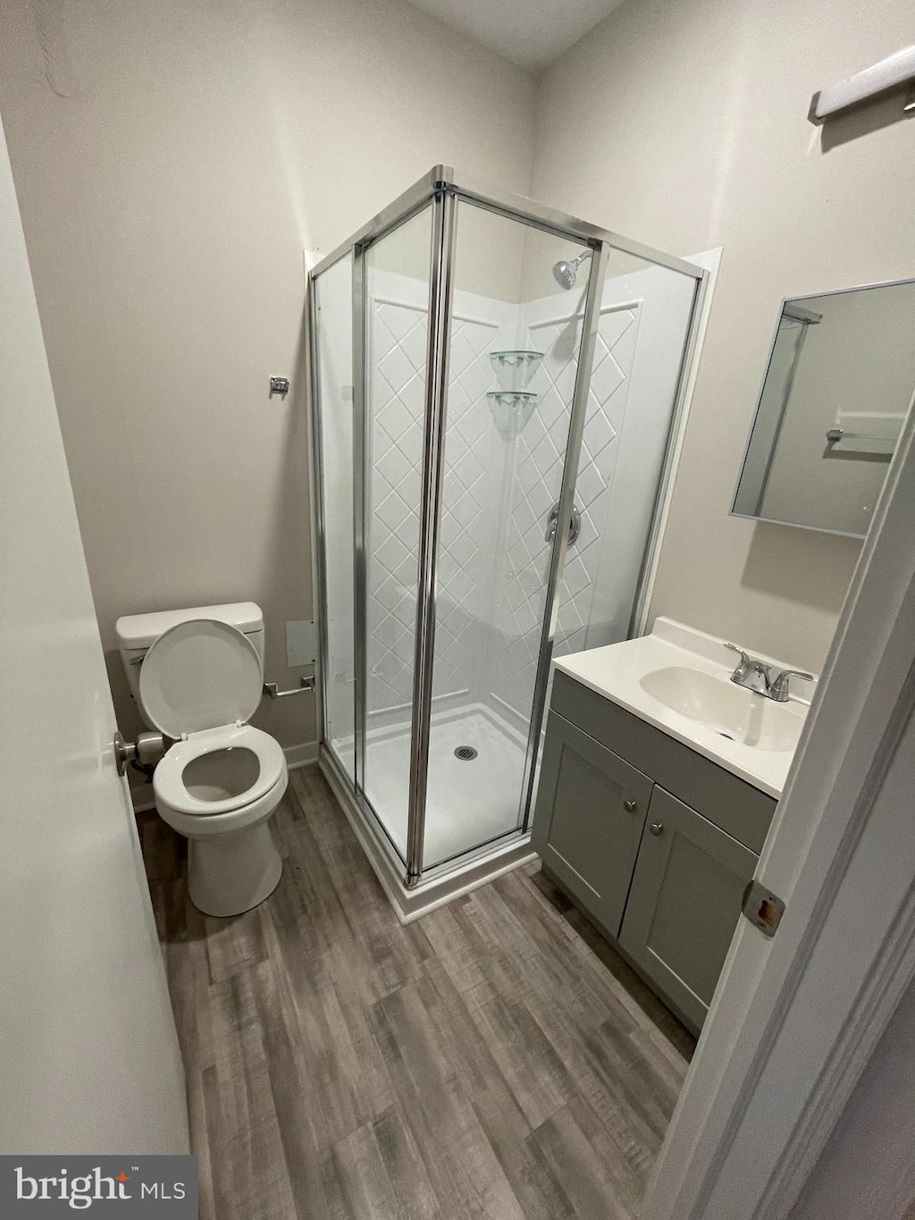 bathroom with walk in shower, hardwood / wood-style floors, vanity, and toilet