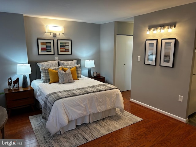 bedroom featuring dark wood-type flooring and a closet