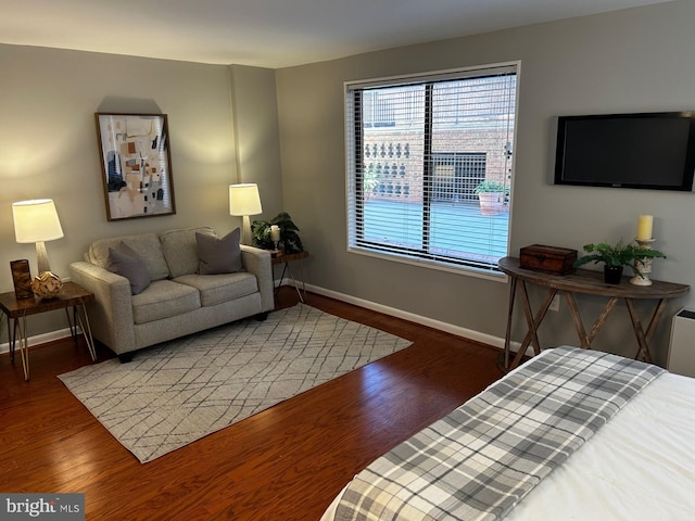 living room with dark hardwood / wood-style floors