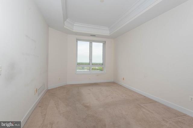 carpeted spare room with crown molding and a tray ceiling