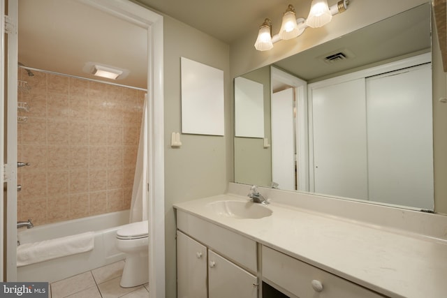 full bathroom with tile floors, oversized vanity, shower / tub combo with curtain, and toilet