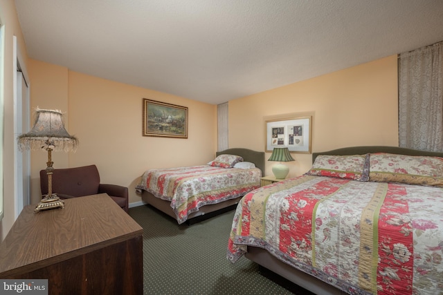 carpeted bedroom with a textured ceiling