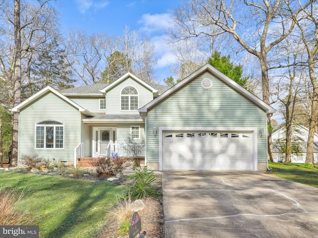 front facade with a porch, a front yard, and a garage