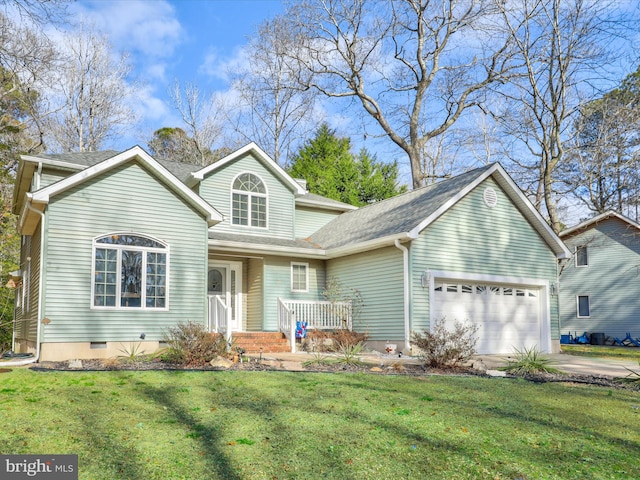 front facade with a front yard and a garage