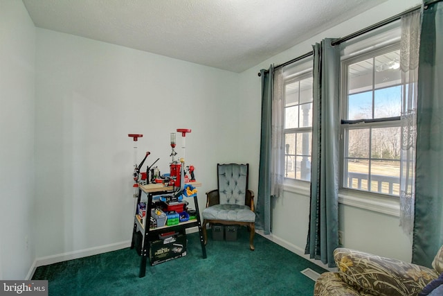 sitting room with a textured ceiling and dark colored carpet