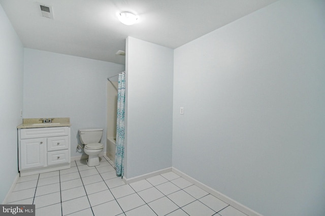 full bathroom featuring toilet, shower / tub combo, vanity, and tile flooring