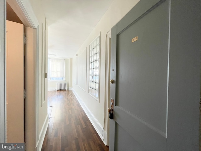 hallway featuring dark wood-type flooring and radiator heating unit