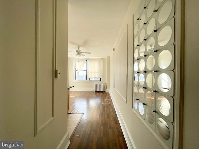 corridor with dark hardwood / wood-style floors and radiator heating unit