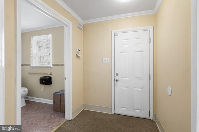 interior space featuring light carpet and ornamental molding