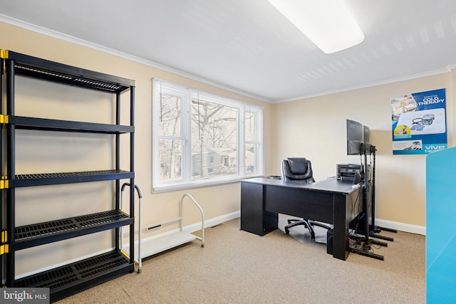 office with light colored carpet and ornamental molding