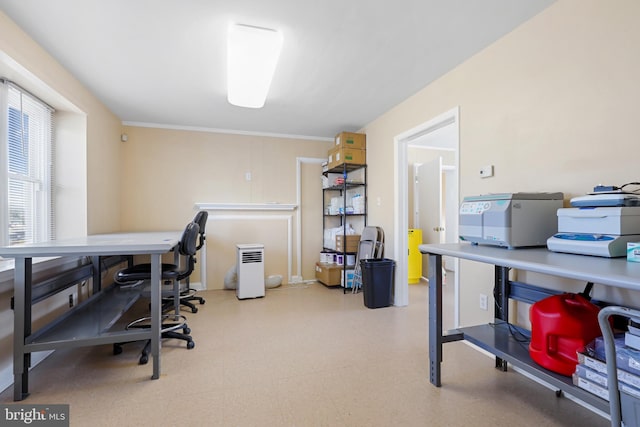 tiled office space with ornamental molding