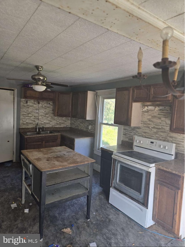 kitchen with sink, ceiling fan, white range with electric cooktop, and tasteful backsplash