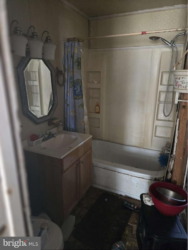 bathroom with vanity and shower / bath combination with curtain