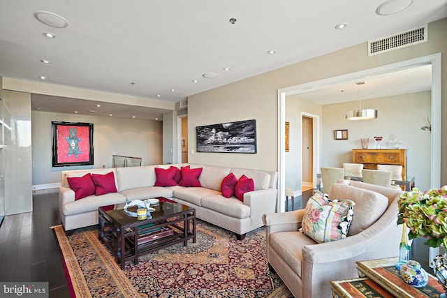 living room with dark hardwood / wood-style flooring