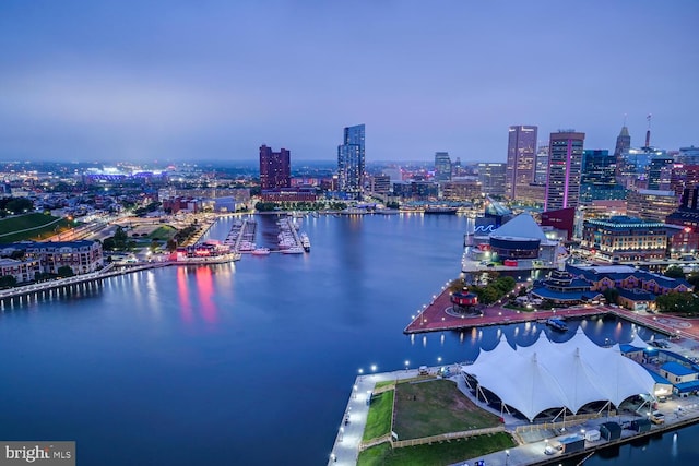 aerial view featuring a water view