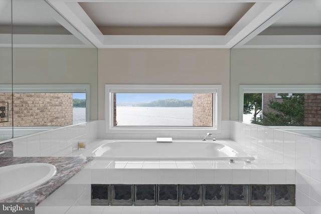 bathroom with sink, a relaxing tiled bath, and plenty of natural light