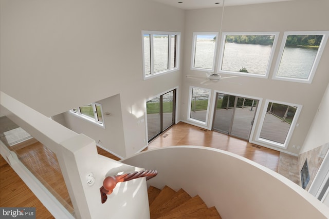 stairway with light hardwood / wood-style flooring, a healthy amount of sunlight, and a towering ceiling