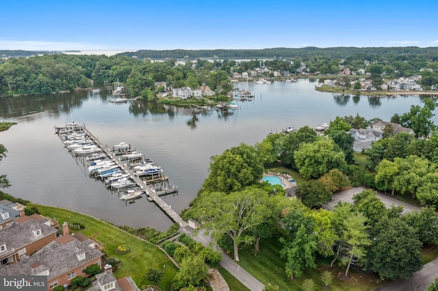 birds eye view of property featuring a water view