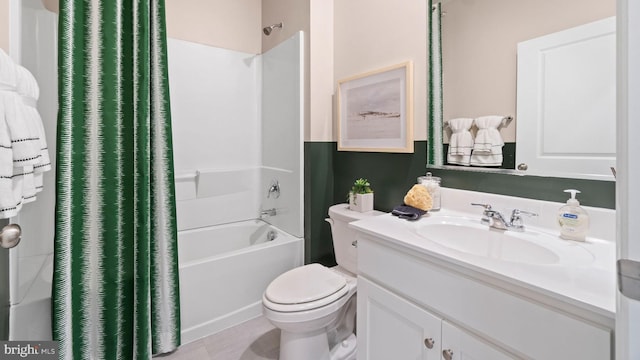 full bathroom with vanity, tile floors, toilet, and shower / bathtub combination with curtain