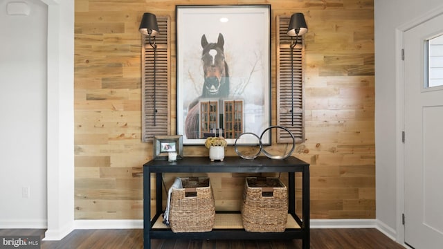 details with wood walls and dark wood-type flooring