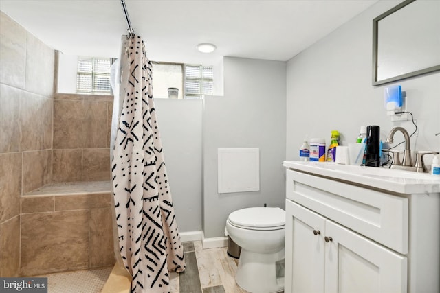 bathroom with hardwood / wood-style floors, large vanity, and toilet