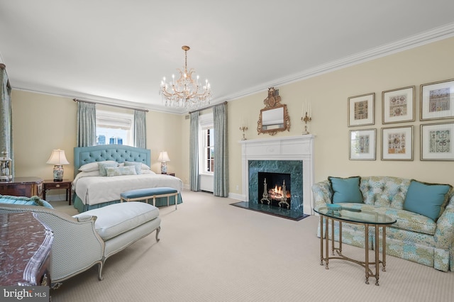 carpeted bedroom with an inviting chandelier, ornamental molding, and a fireplace