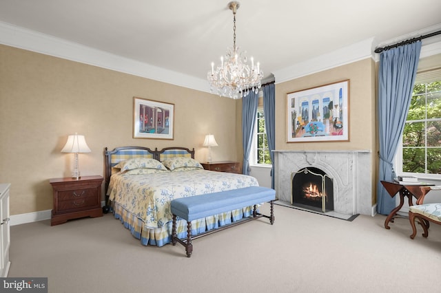 bedroom with light carpet, an inviting chandelier, a fireplace, and multiple windows