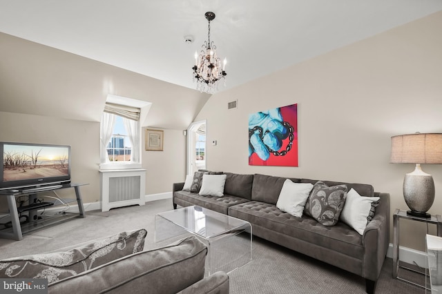 carpeted living room featuring lofted ceiling, radiator, and an inviting chandelier