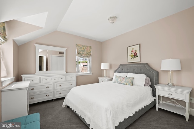 carpeted bedroom featuring lofted ceiling