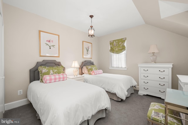 carpeted bedroom featuring lofted ceiling