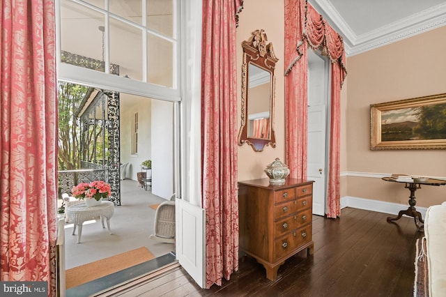 interior space with crown molding and dark wood-type flooring