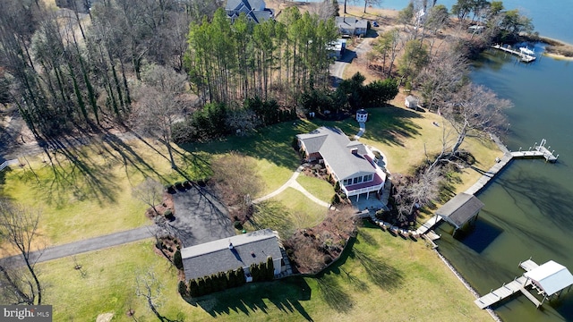 drone / aerial view featuring a water view