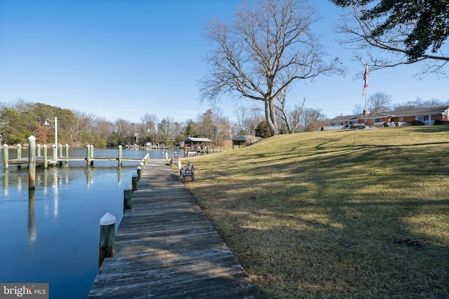 dock area featuring a water view and a yard