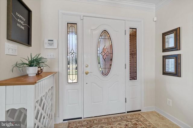 tiled entryway with crown molding