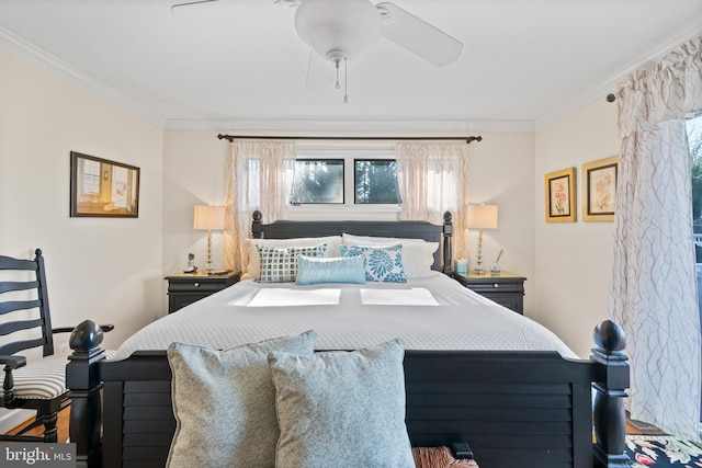 bedroom with ceiling fan and crown molding