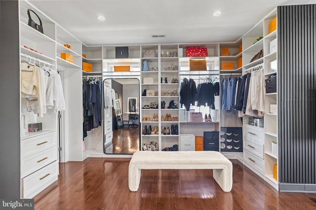 spacious closet featuring dark hardwood / wood-style flooring