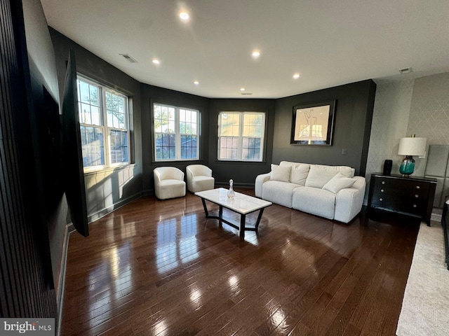 living room with dark hardwood / wood-style flooring and a wealth of natural light