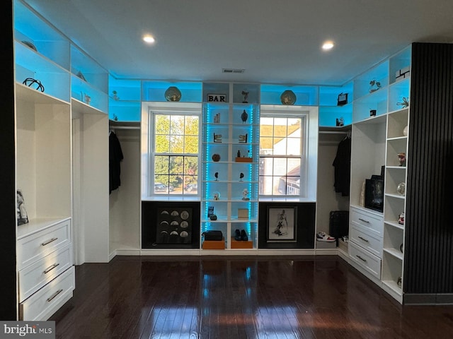 walk in closet with dark hardwood / wood-style flooring