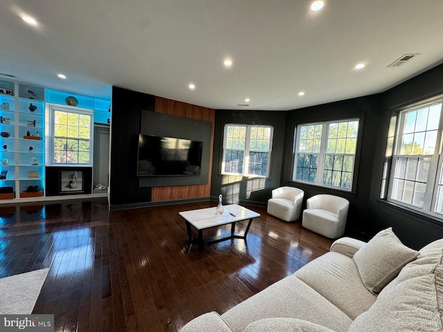 living room with dark hardwood / wood-style flooring