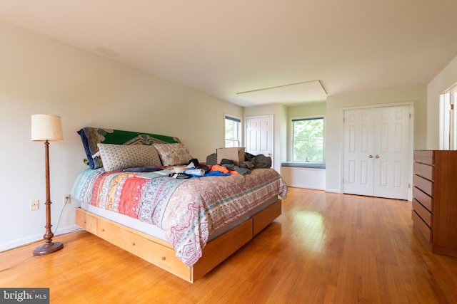 bedroom with a closet and hardwood / wood-style flooring