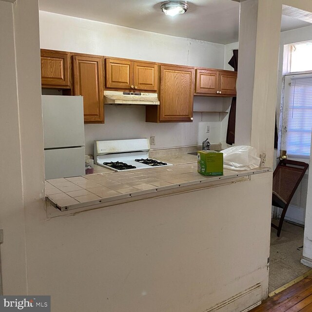 kitchen featuring range, white refrigerator, and wood-type flooring