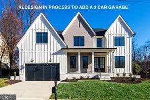 view of front of house with covered porch, a front yard, and a garage