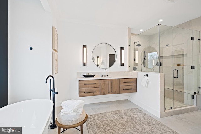 bathroom with vanity and plus walk in shower