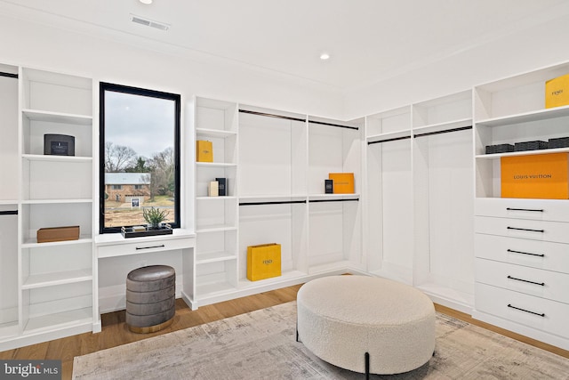 spacious closet featuring light hardwood / wood-style flooring