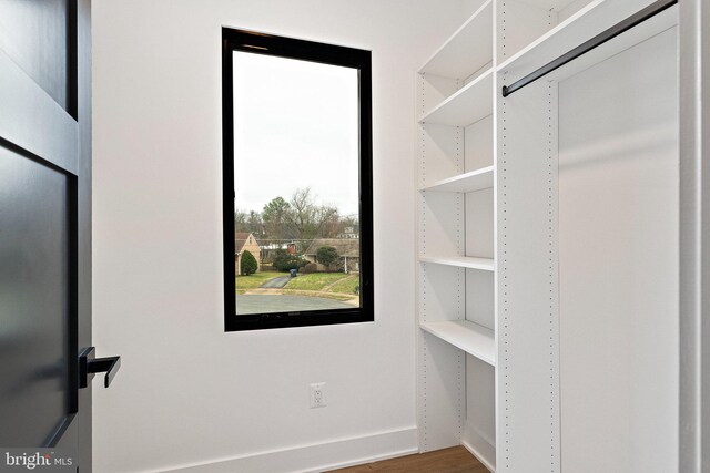 walk in closet with hardwood / wood-style floors