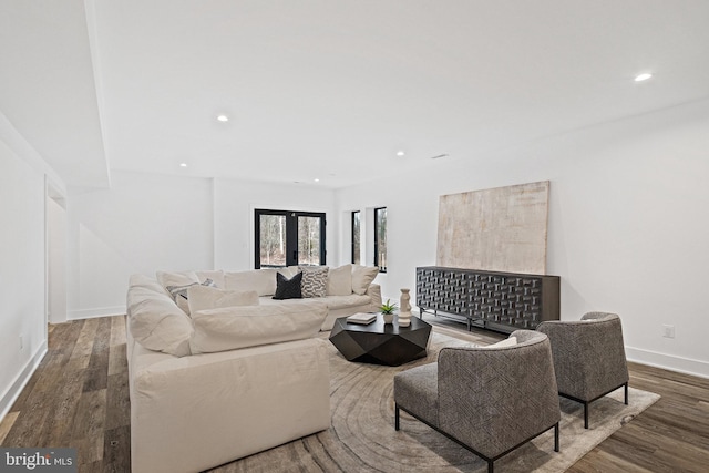 living room with dark wood-type flooring and french doors