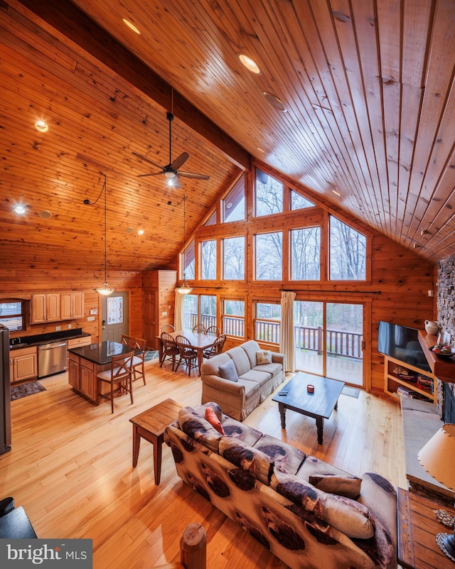 living room featuring high vaulted ceiling, light hardwood / wood-style flooring, wooden walls, ceiling fan, and wood ceiling