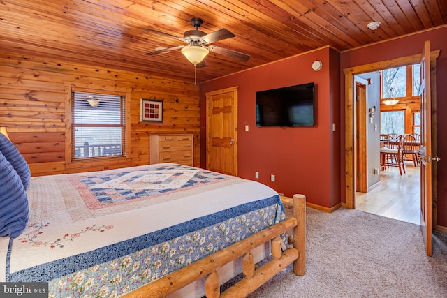 bedroom with light hardwood / wood-style floors, wood ceiling, and ceiling fan